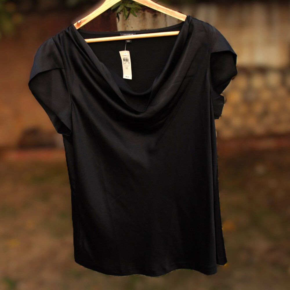 Ann Taylor Silky Black Draped Cowl Neck Cap Sleeve Top 18